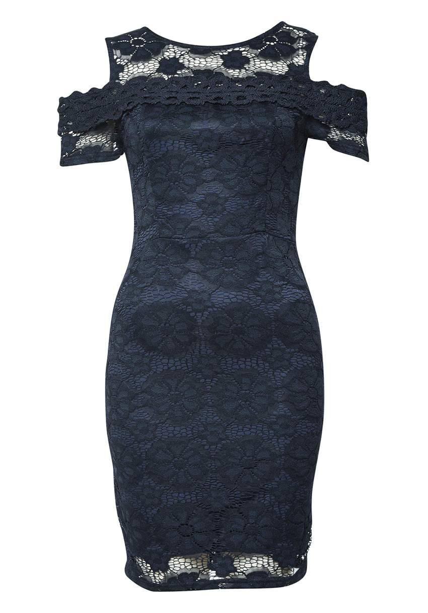 Navy Lace Cut Out Shoulder Bodycon Dress - Image 4