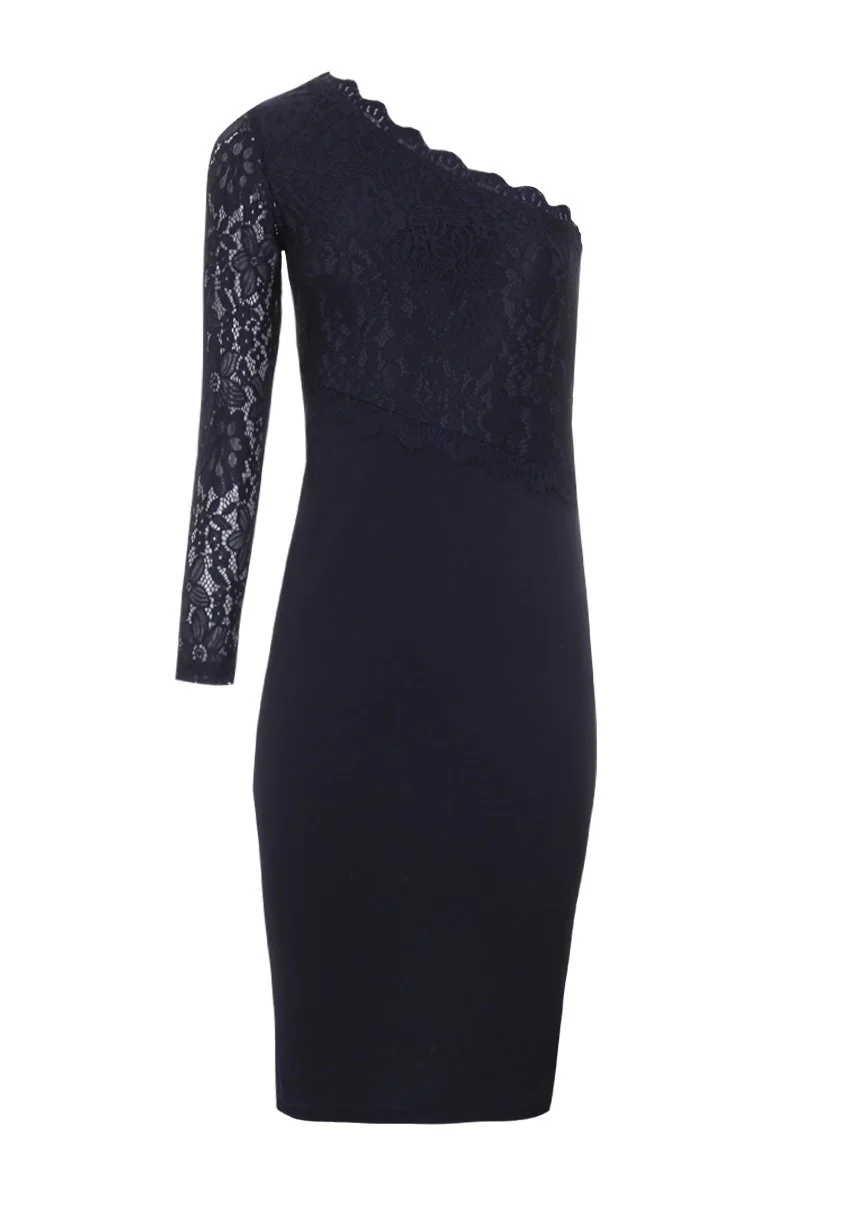 Navy Lace Detail Asymmetric Midi Dress - Image 4