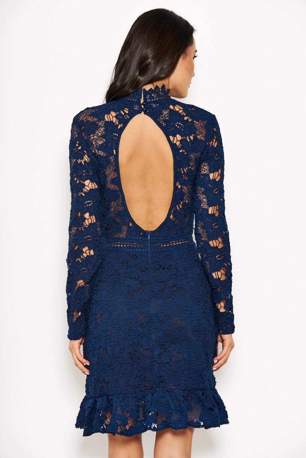 Navy Lace Dress With Frill Hem And Cut Out Back - Image 3