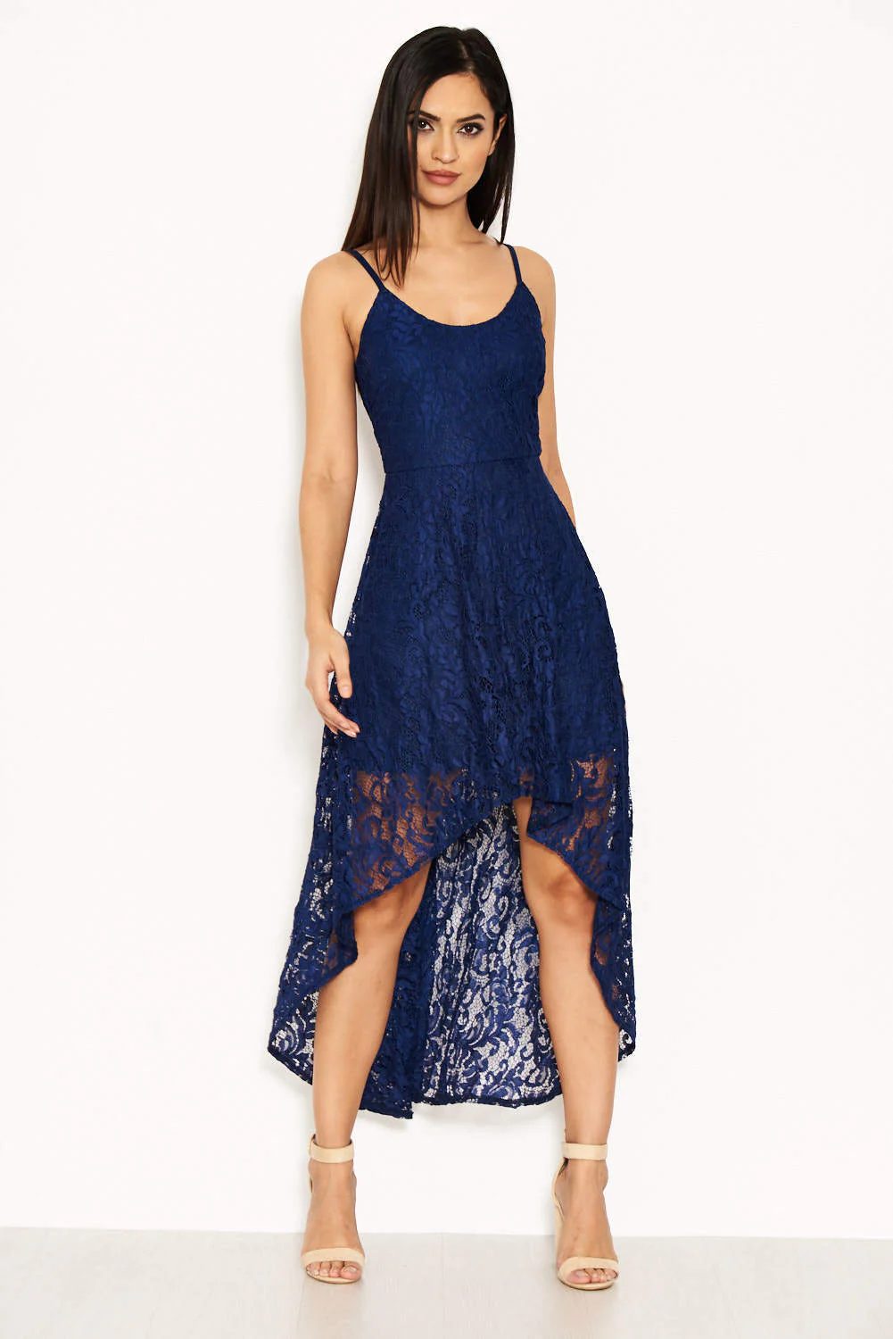 Navy Lace Dress With Waterfall Skirt - Image 2