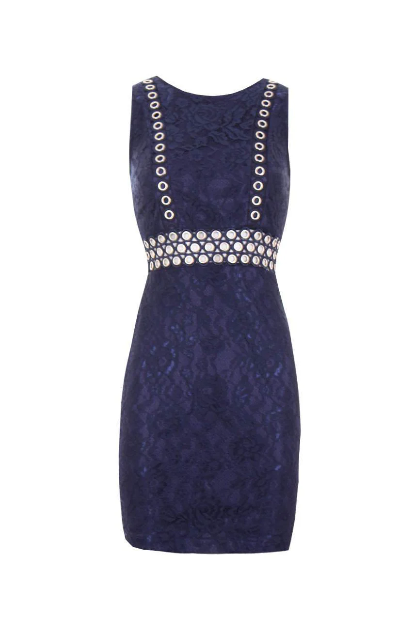 Navy Lace Eyelet Detailed Dress - Image 4