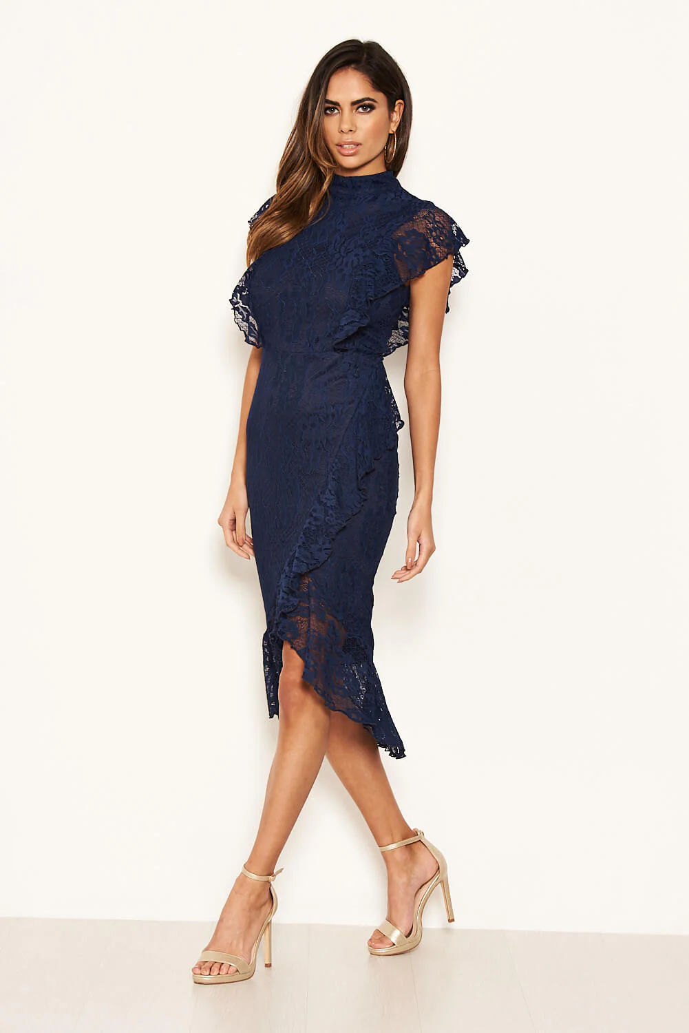 Navy Lace Fish Tail Frill Sleeve Midi Dress - Image 2