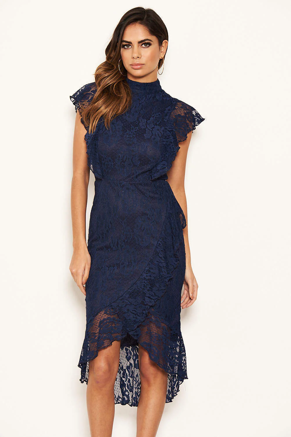 Navy Lace Fish Tail Frill Sleeve Midi Dress - Image 3