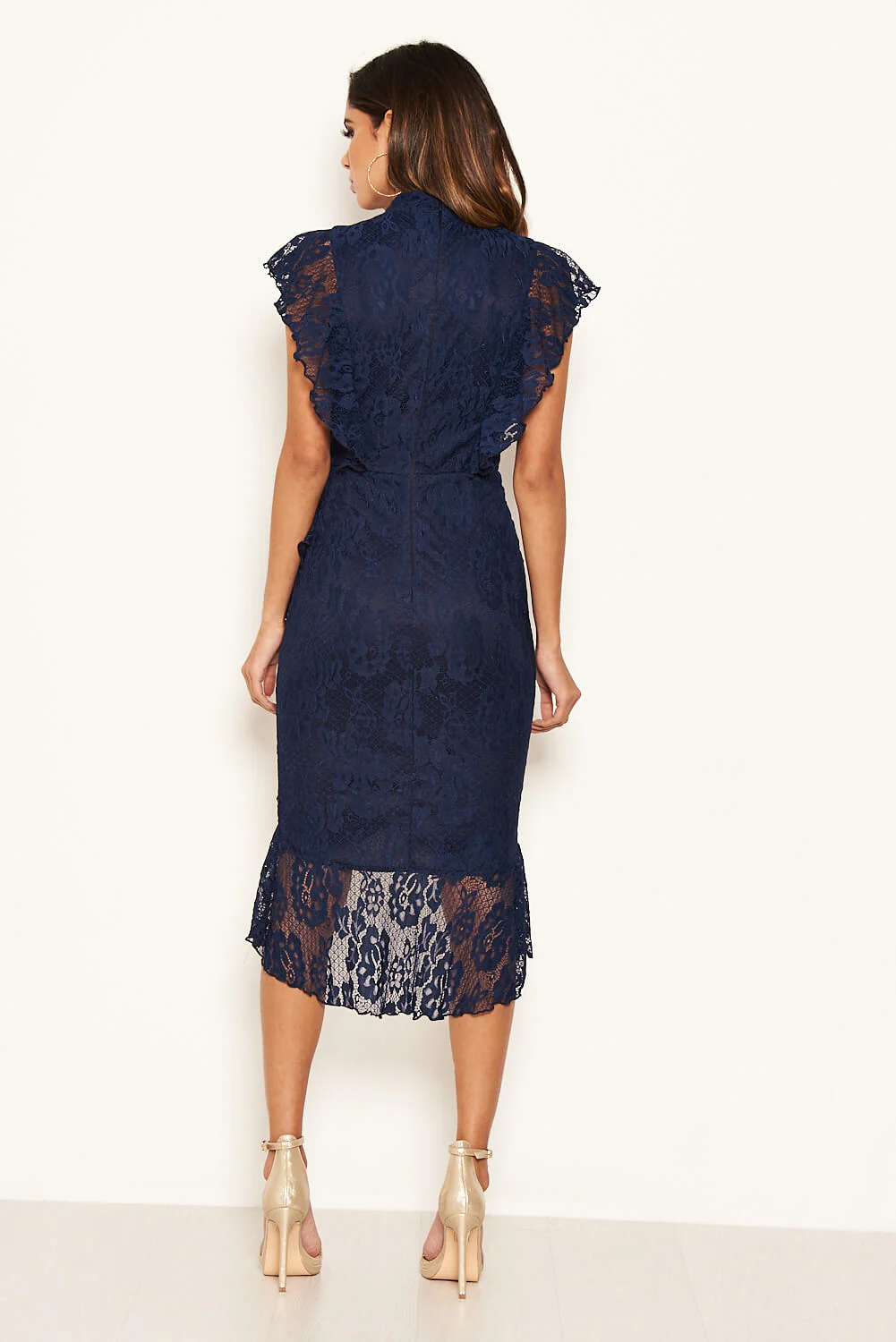 Navy Lace Fish Tail Frill Sleeve Midi Dress - Image 5