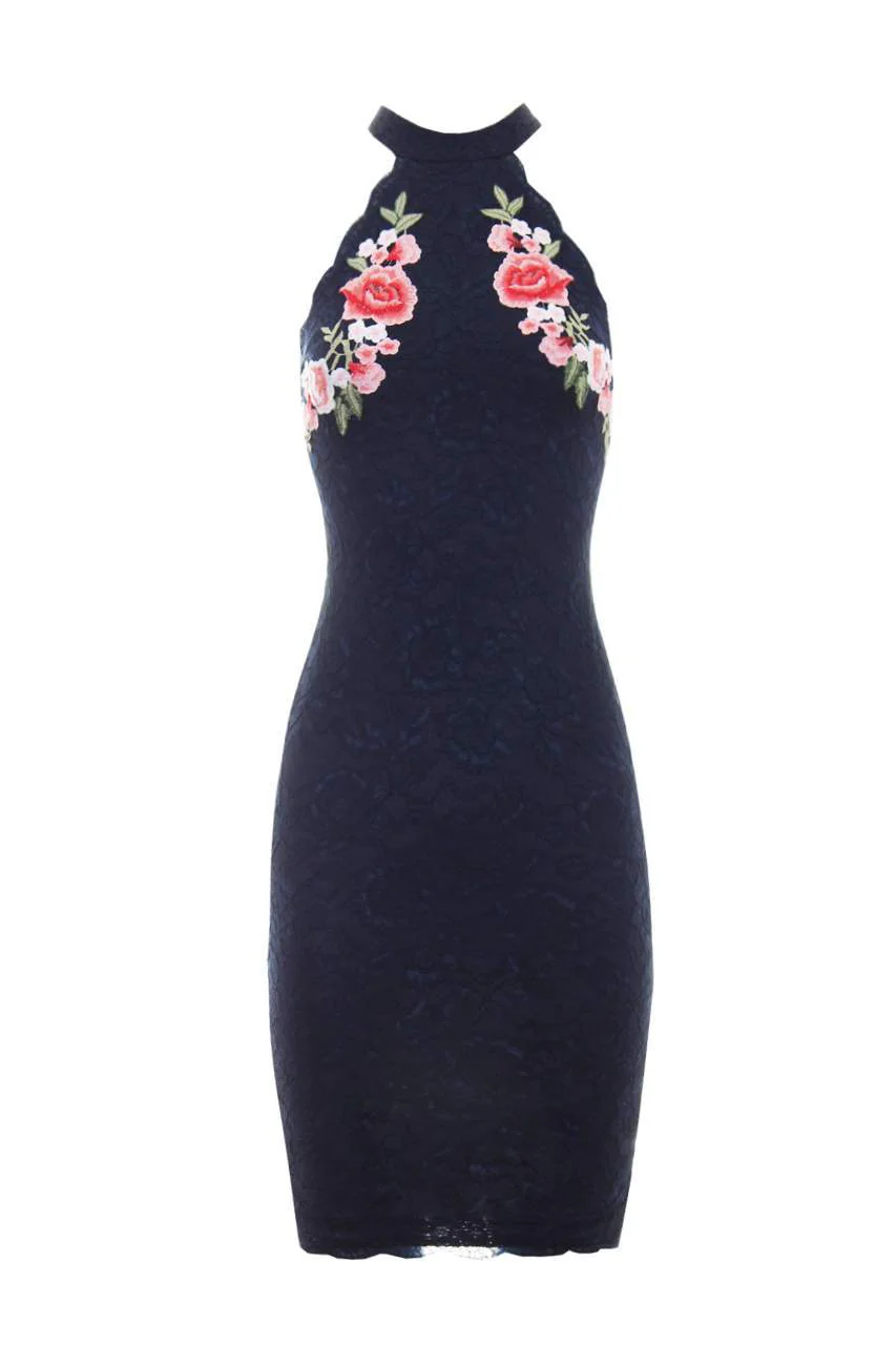 Navy Lace Floral Embroidery Midi Dress - Image 4