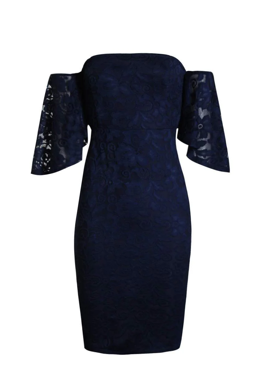Navy Lace Frill Sleeve Midi Dress - Image 4