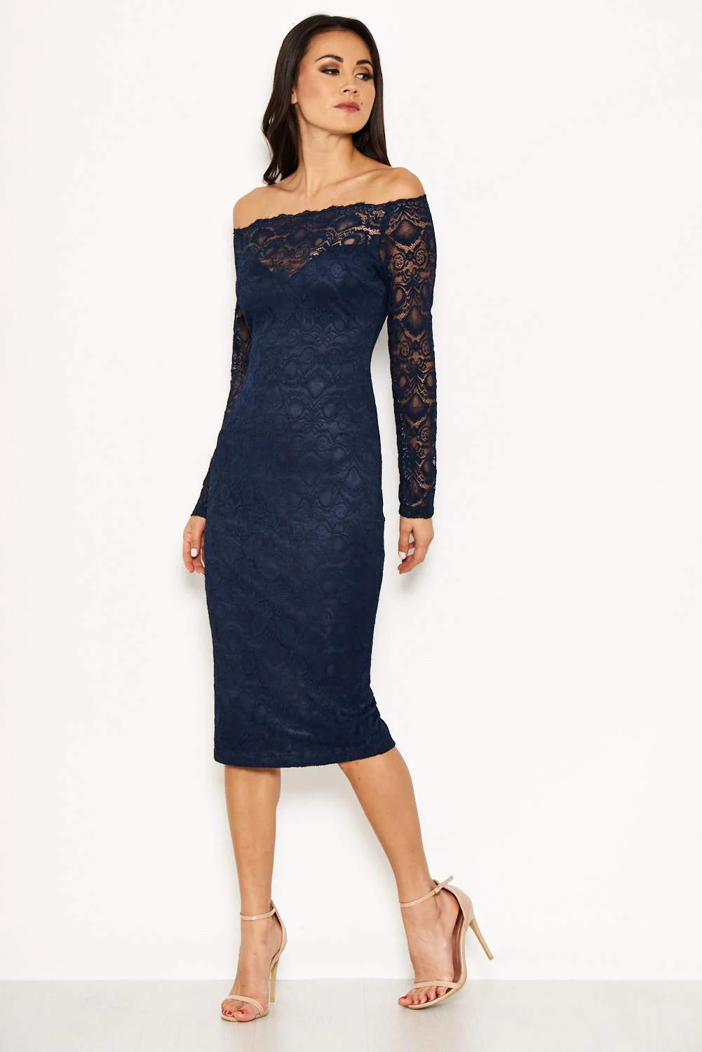 Navy Lace Off The Shoulder Midi Dress - Image 2