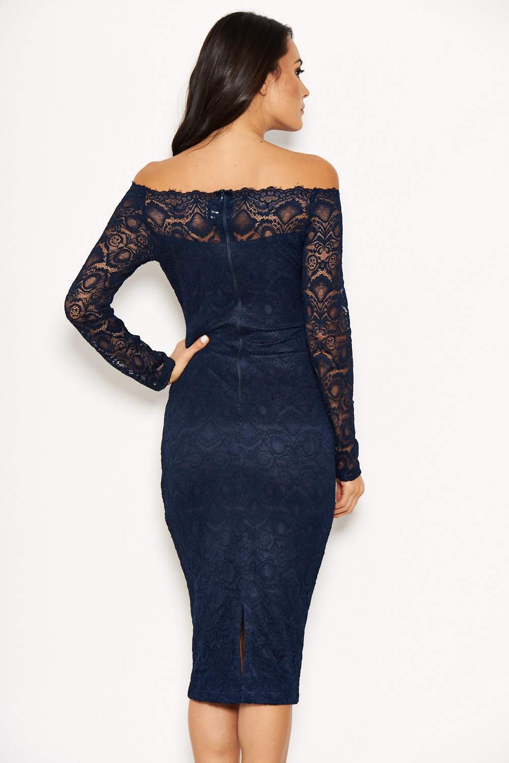 Navy Lace Off The Shoulder Midi Dress - Image 3