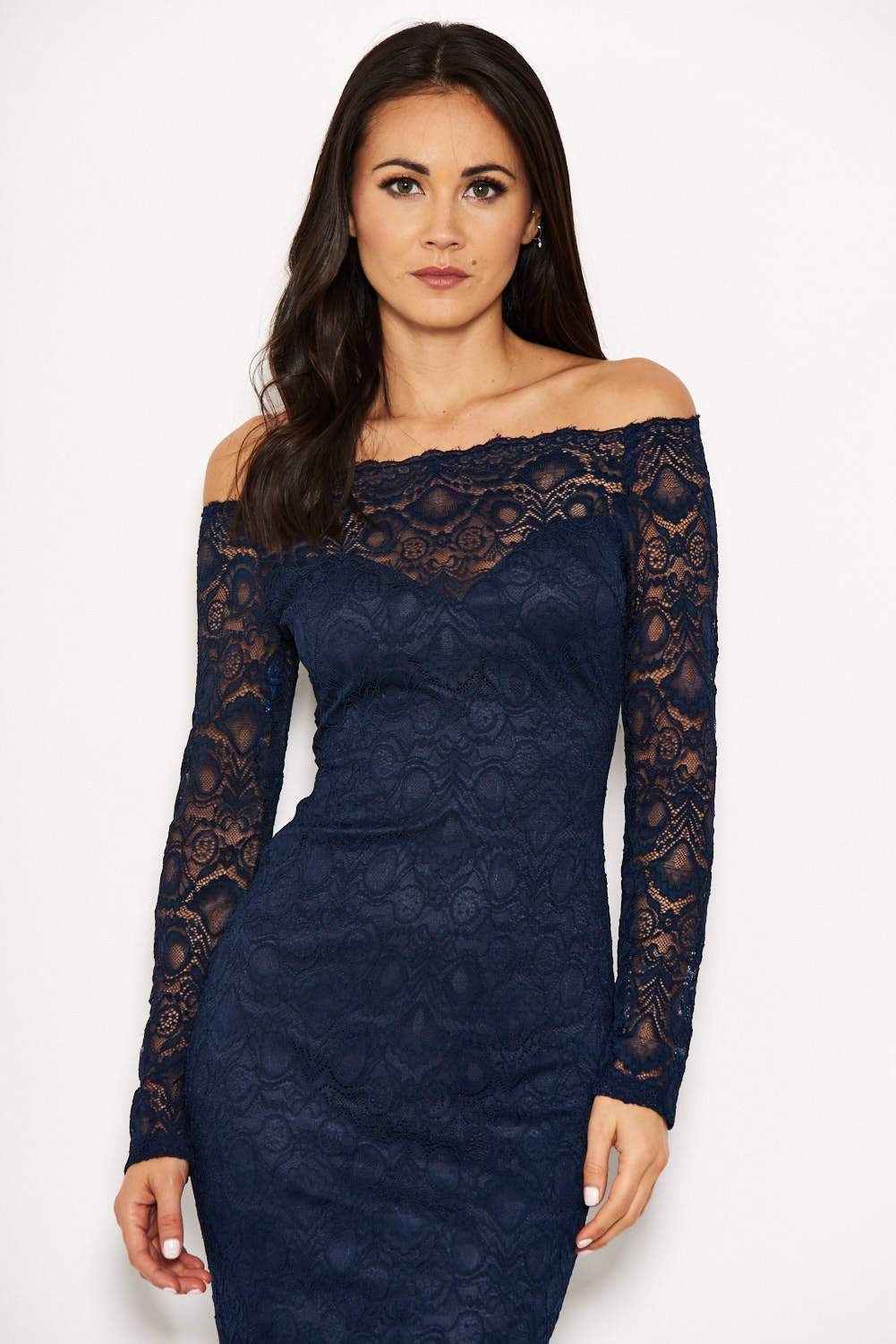 Navy Lace Off The Shoulder Midi Dress - Image 4