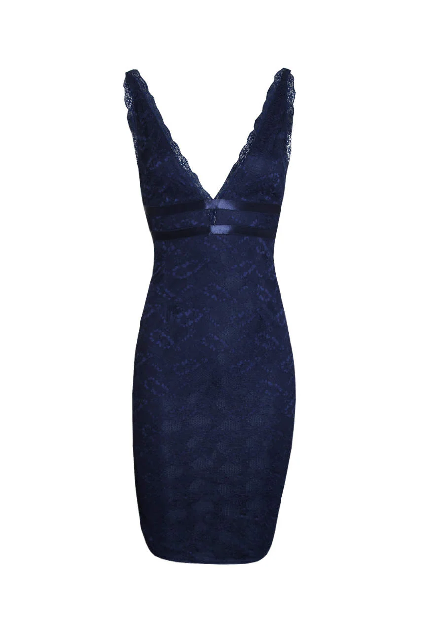 Navy Lace V Neckline Bodycon Dress - Image 4