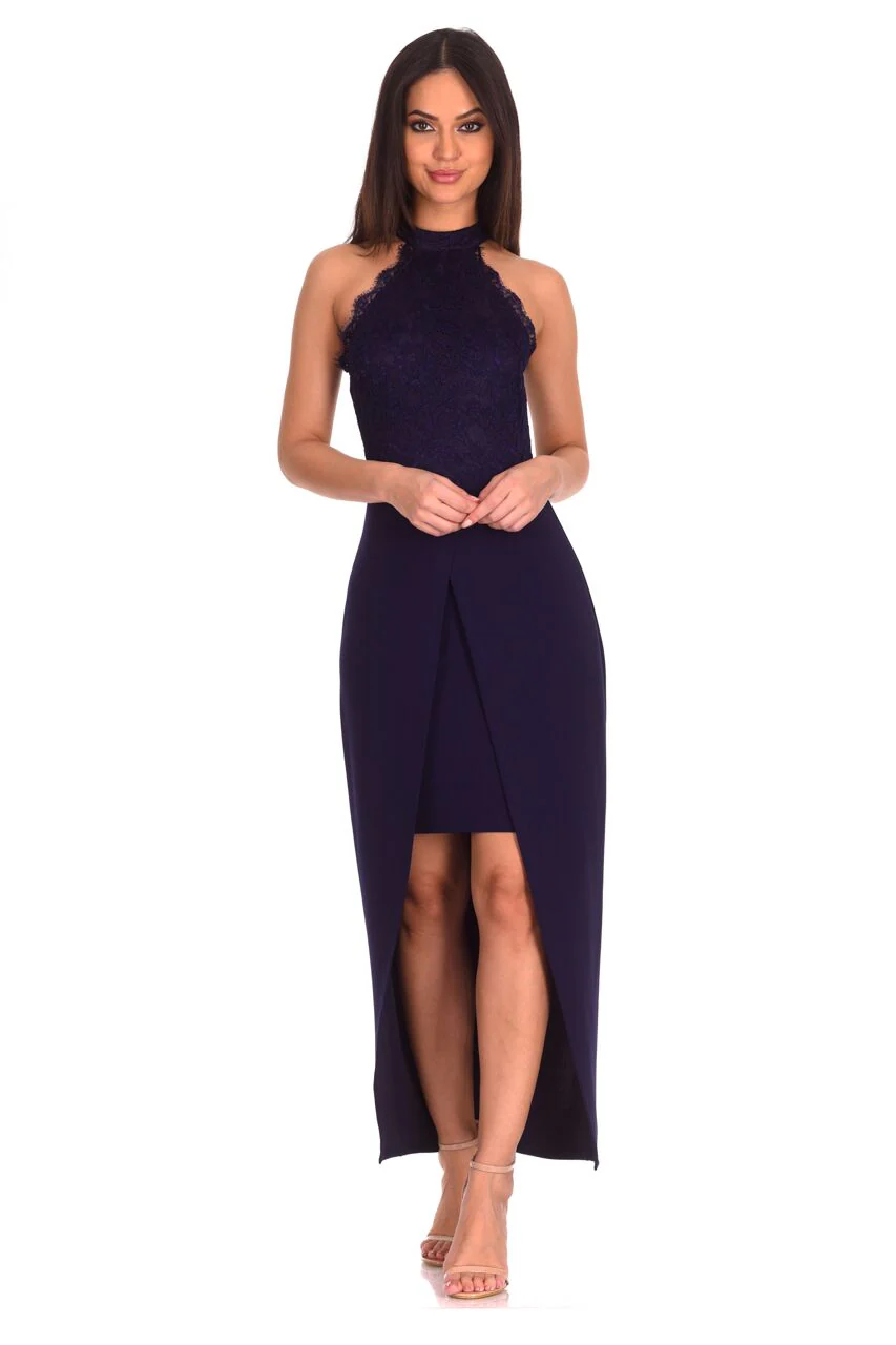 Navy Lace Wrap Over Dress - Image 2