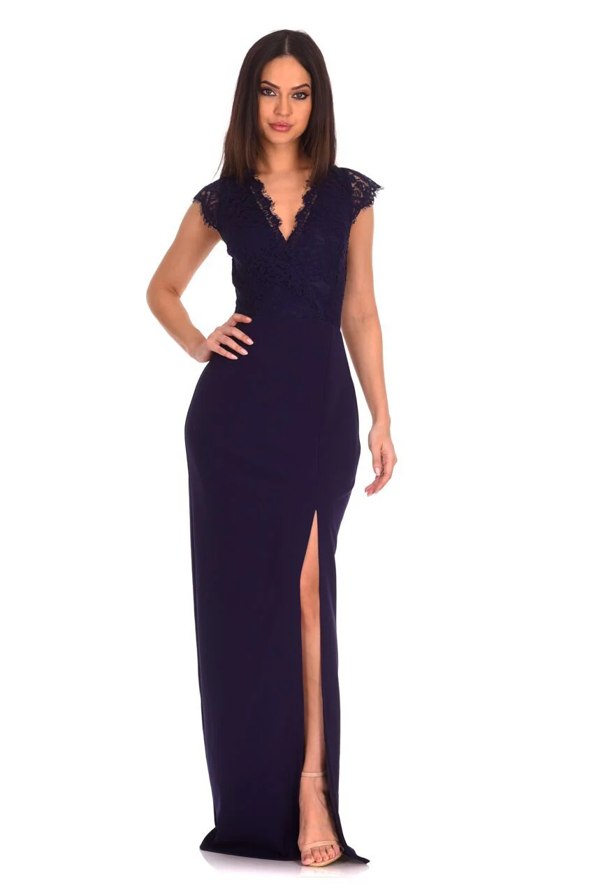 Navy Lace Wrap Over Maxi Dress - Image 2