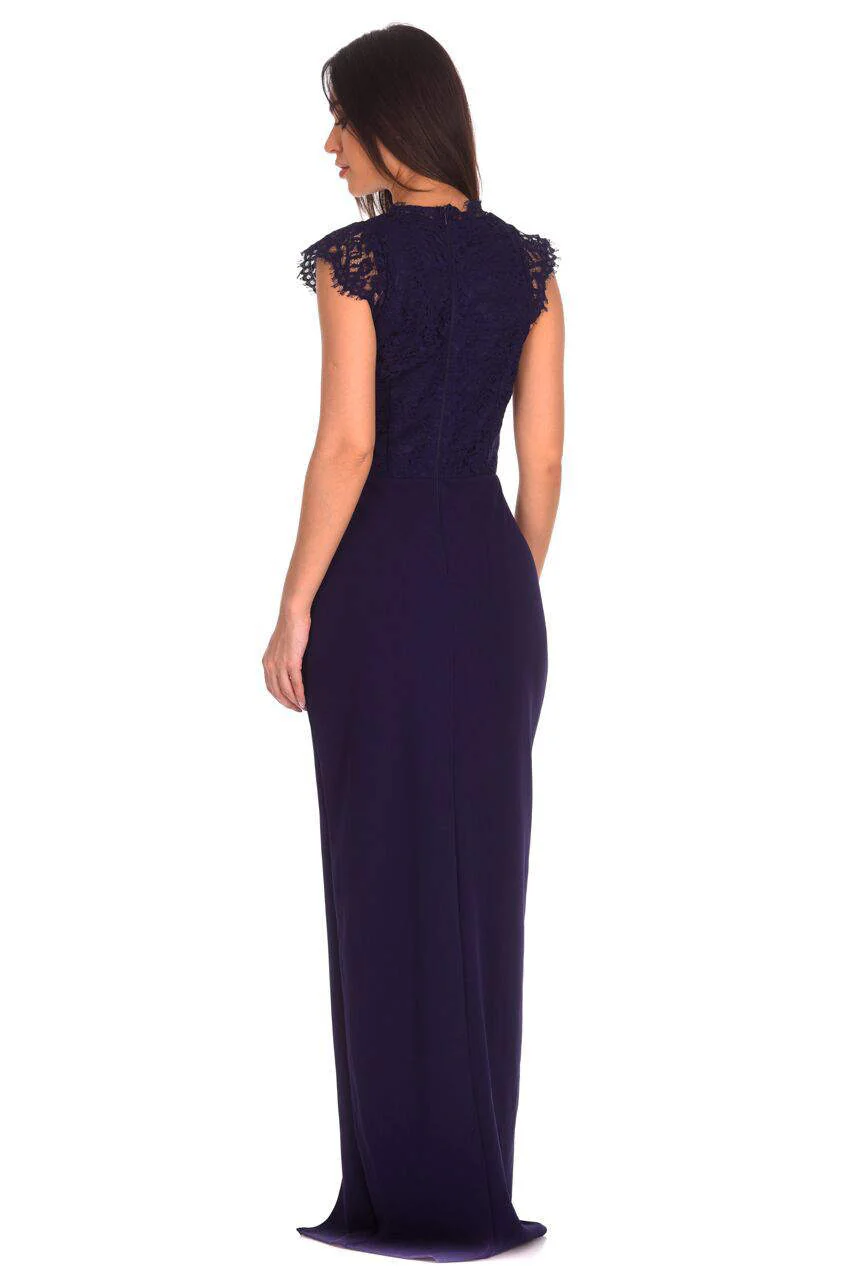 Navy Lace Wrap Over Maxi Dress - Image 3