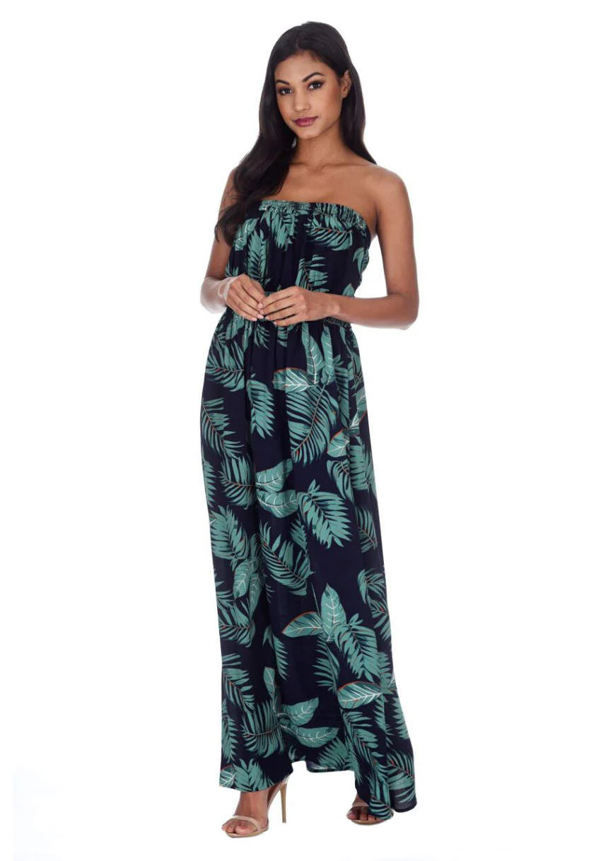 Navy Leaf Print Strapless Maxi Dress - Image 2