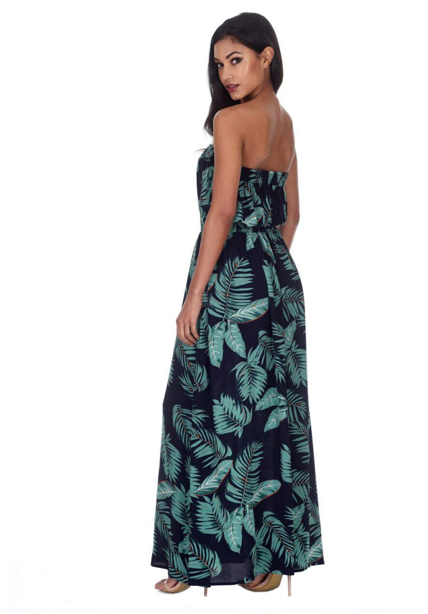 Navy Leaf Print Strapless Maxi Dress - Image 3