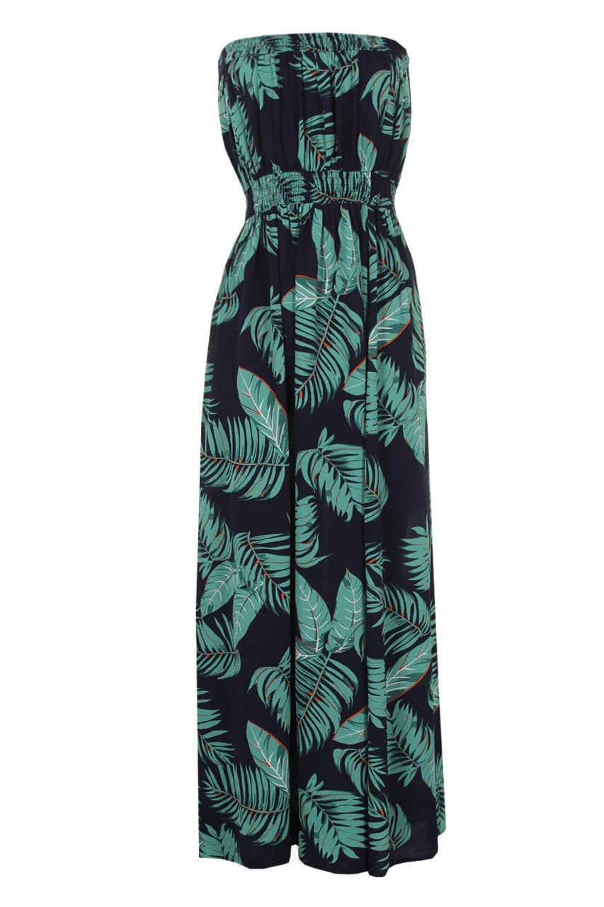 Navy Leaf Print Strapless Maxi Dress - Image 4