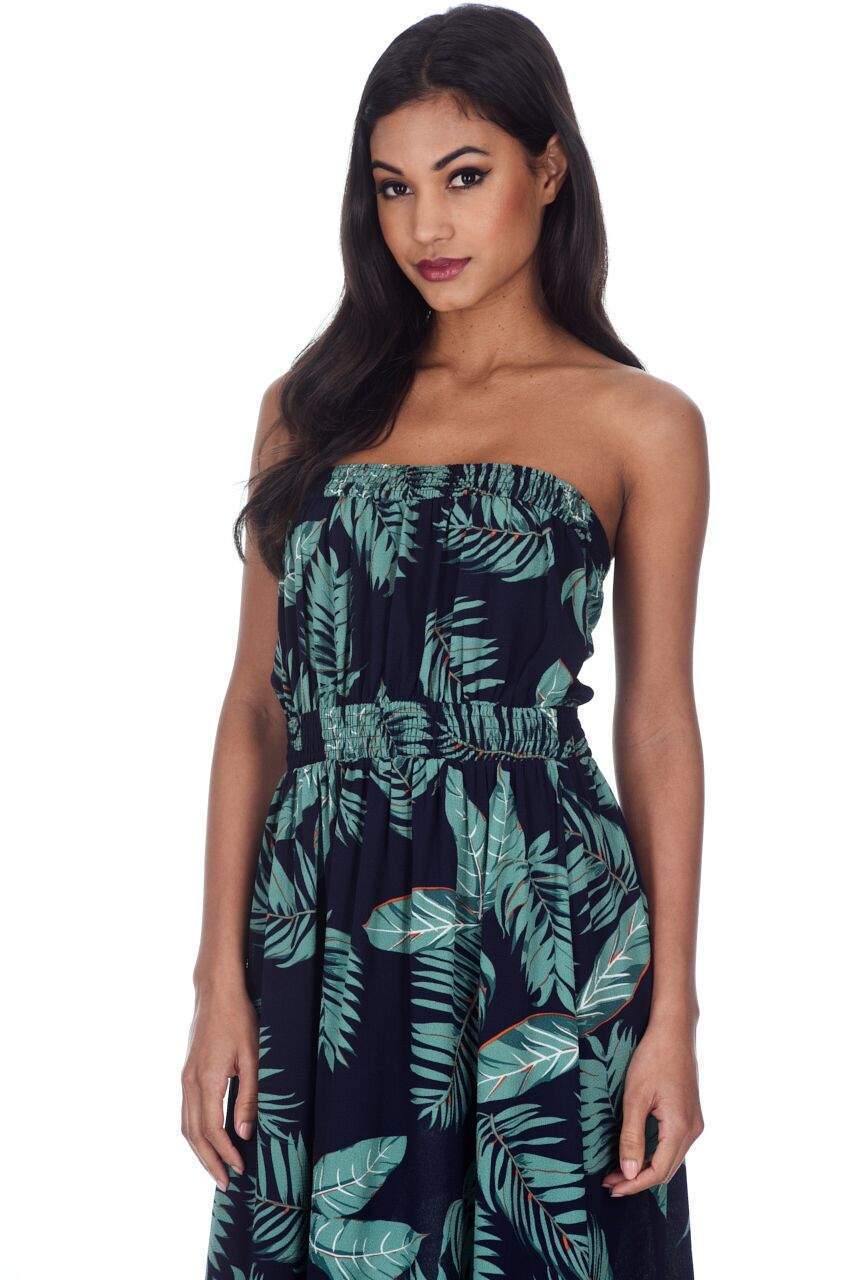 Navy Leaf Print Strapless Maxi Dress - Image 5