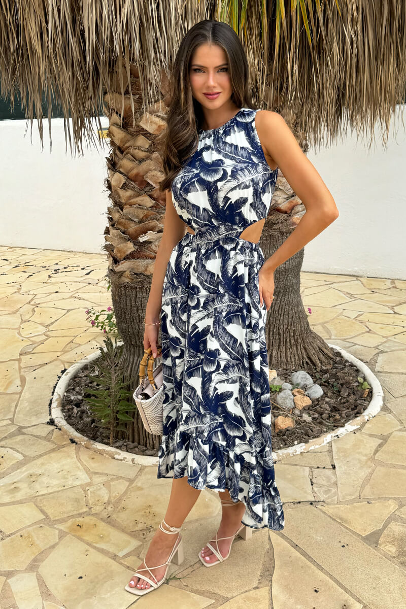 Navy Leaf Print Waist Cut Out Frill Hem Midi Dress - Image 2