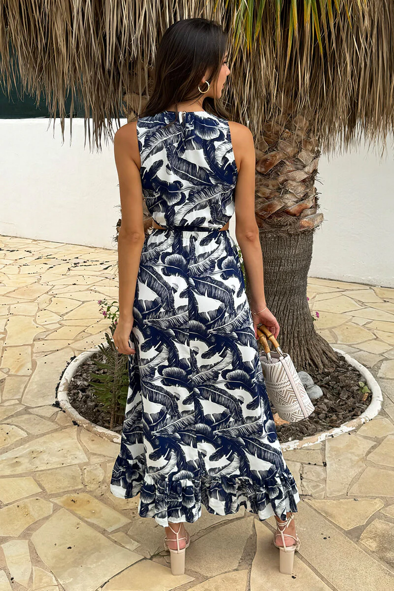 Navy Leaf Print Waist Cut Out Frill Hem Midi Dress - Image 5