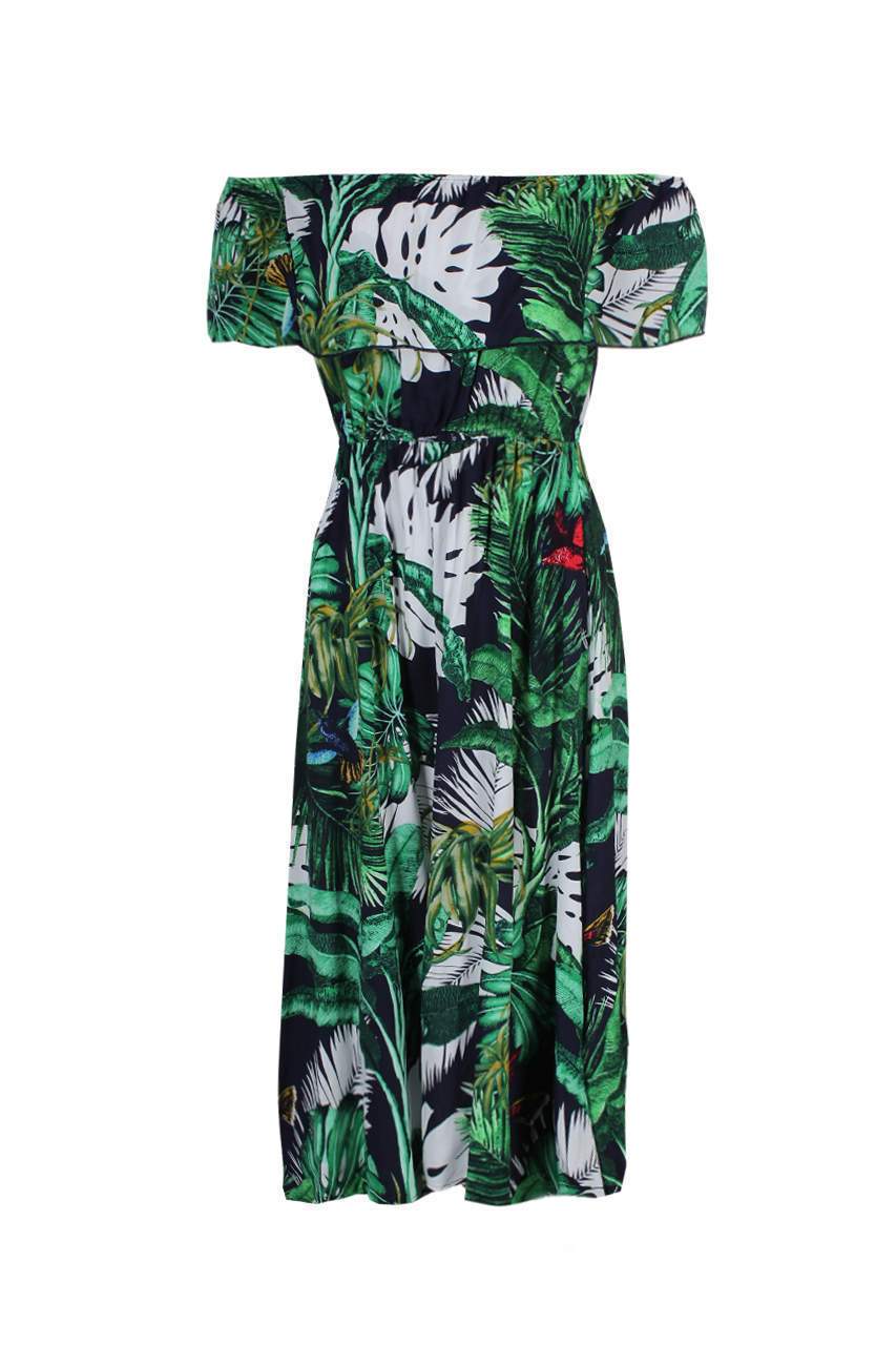 Navy Leaf Printed Bardot Frill Dress - Image 5