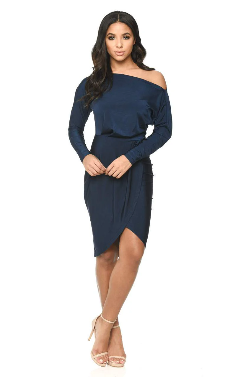 Navy Long Sleeve Stretch Wrap Around Dress - Image 2