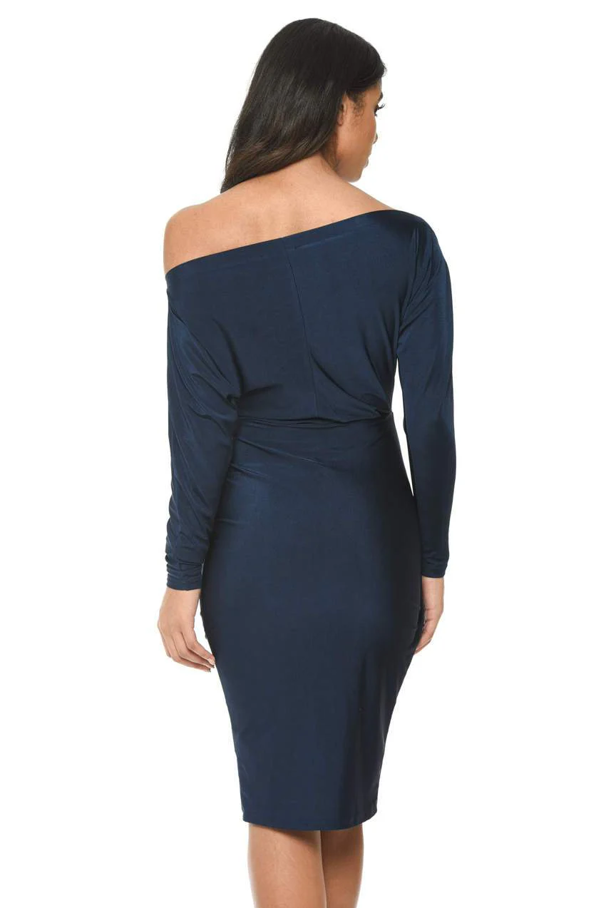 Navy Long Sleeve Stretch Wrap Around Dress - Image 3