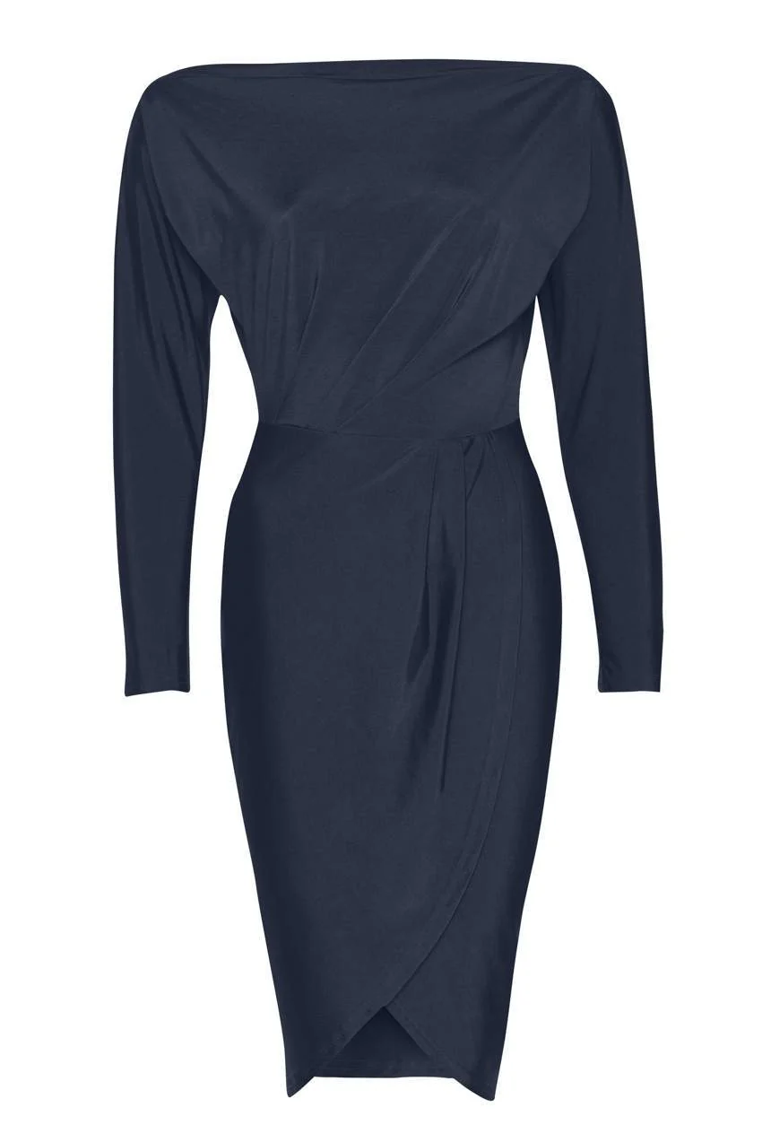 Navy Long Sleeve Stretch Wrap Around Dress - Image 4