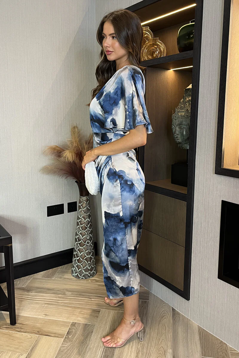 Navy Marble Print One Shoulder Wrap Skirt Midi Dress - Image 3