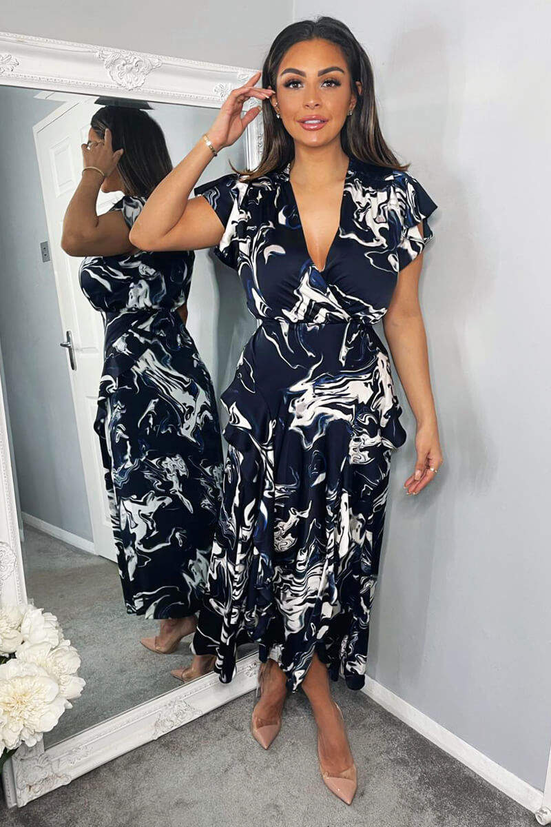 Navy Marble Print Short Sleeve Ruffle Midi Dress - Image 2