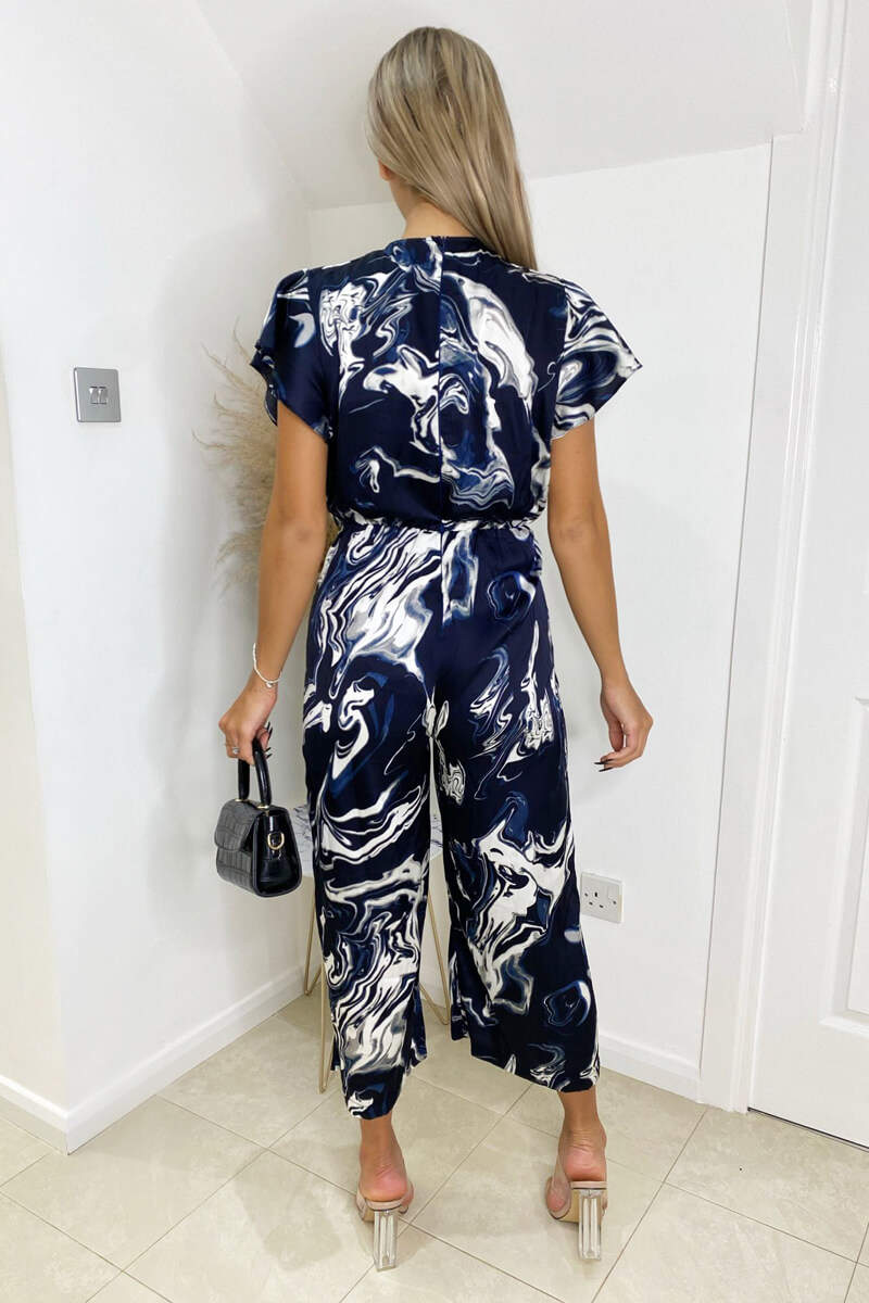Navy Marble Print Wrap Over Frill Sleeve Jumpsuit - Image 4
