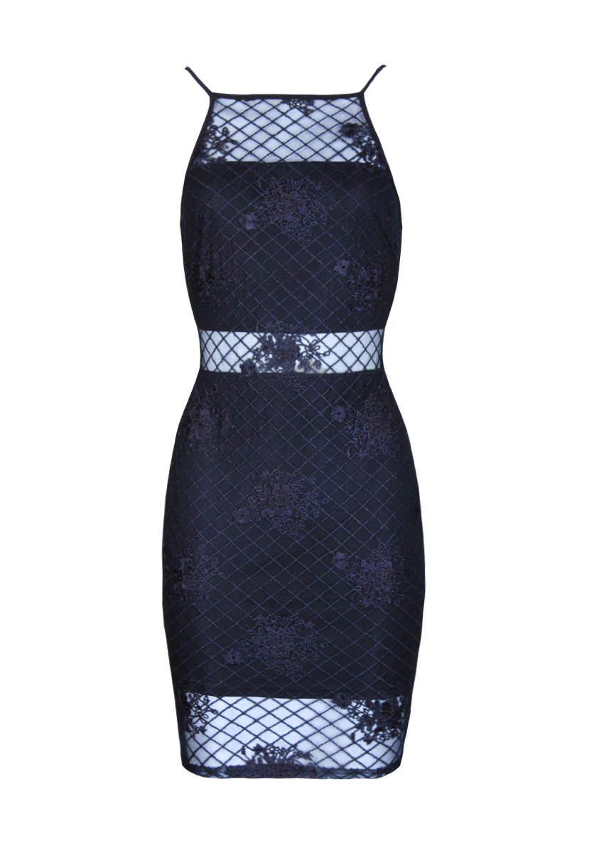 Navy Mesh Embroidered Bodycon Dress - Image 4