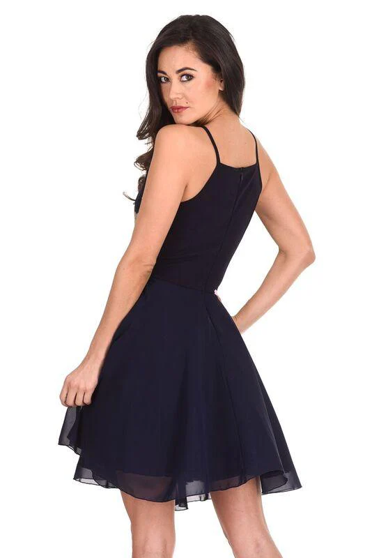 Navy Mesh Gold Embroidered Skater Dress - Image 3