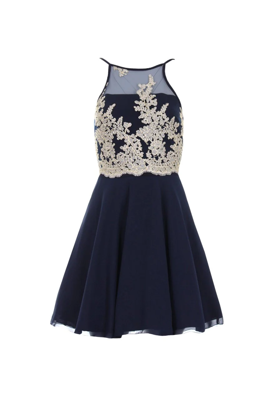 Navy Mesh Gold Embroidered Skater Dress - Image 4