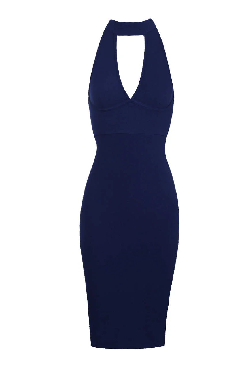Navy Midi Choker Neck Dress - Image 4