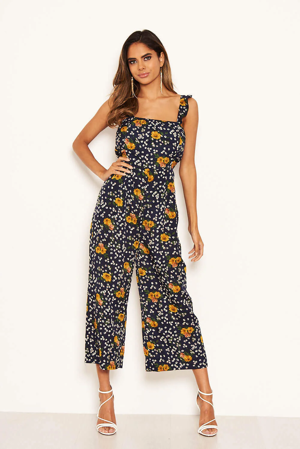 Navy Mixed Floral Frill Sleeve Jumpsuit - Image 2