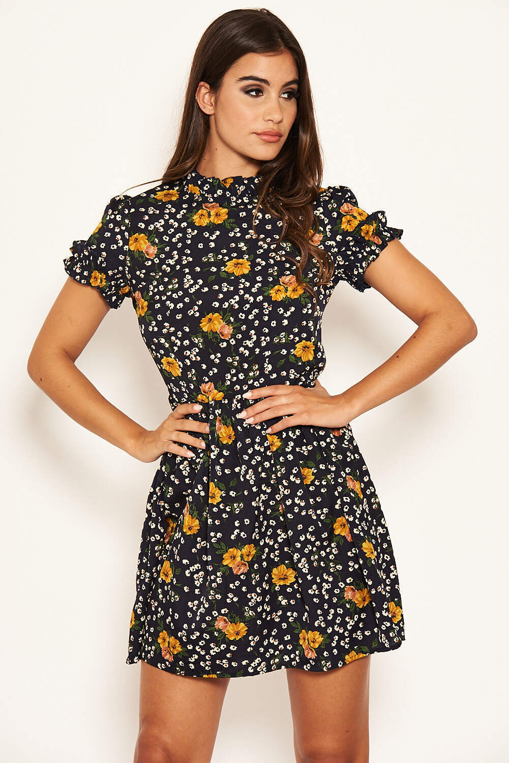 Navy Mixed Floral Frilled Skater Dress - Image 2