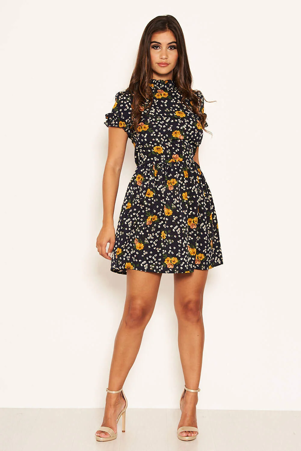 Navy Mixed Floral Frilled Skater Dress - Image 3