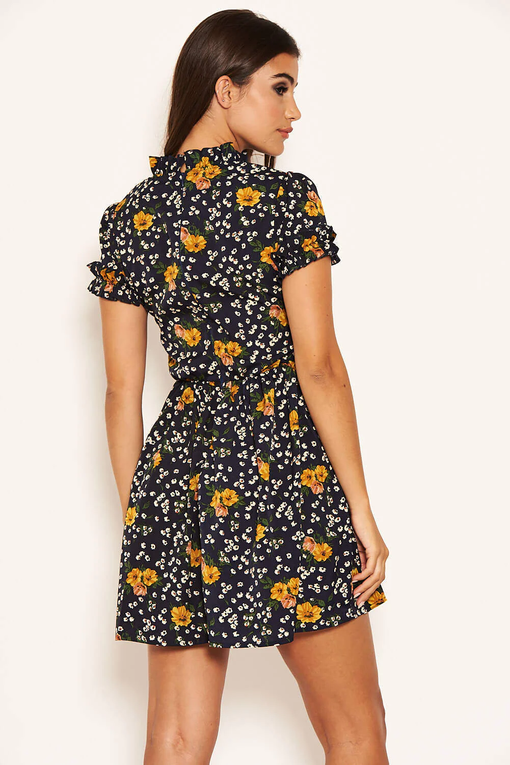 Navy Mixed Floral Frilled Skater Dress - Image 4