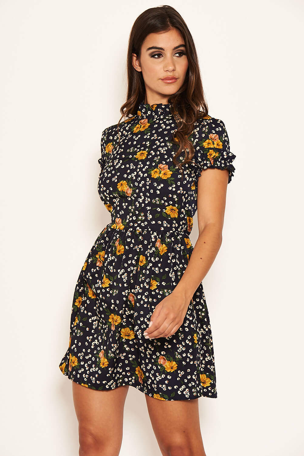 Navy Mixed Floral Frilled Skater Dress - Image 5
