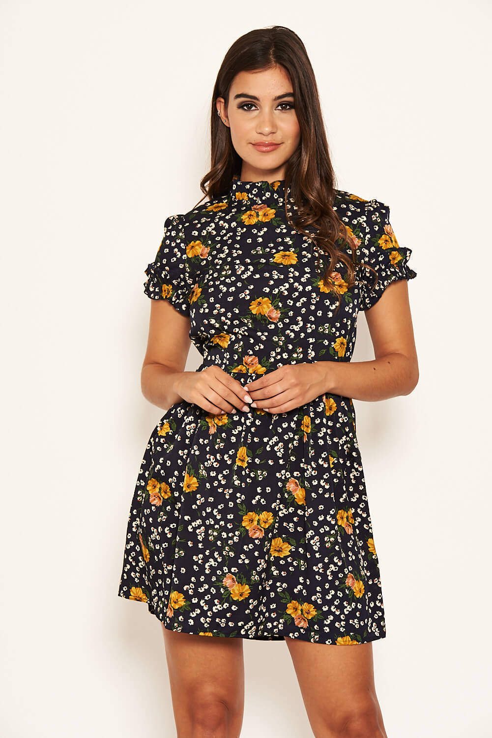 Navy Mixed Floral Frilled Skater Dress - Image 6