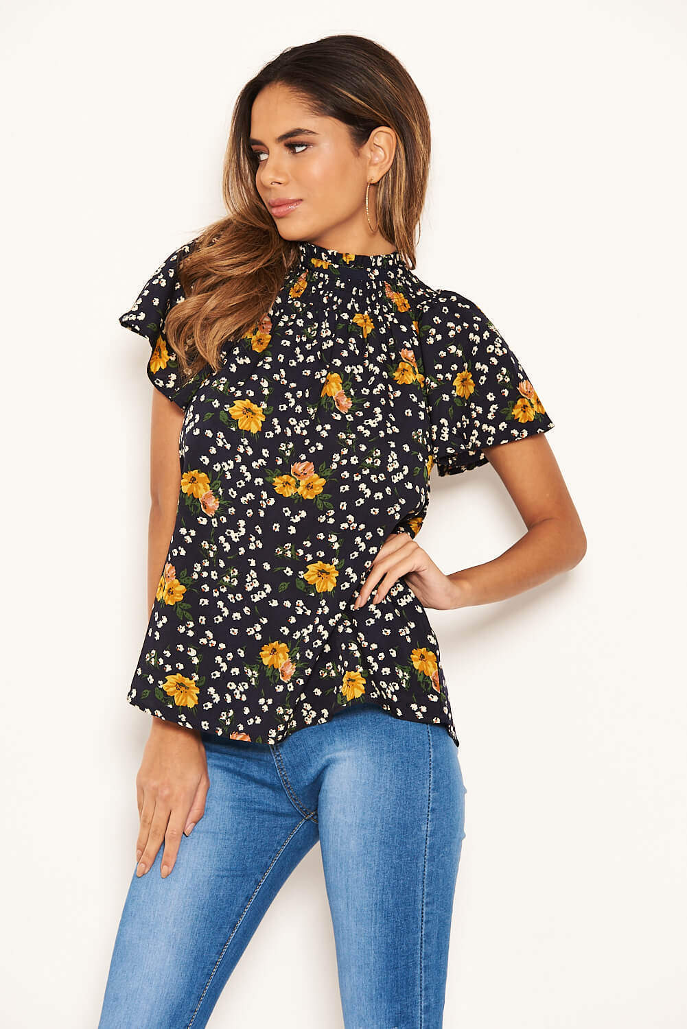 Navy Mixed Floral High Neck Top - Image 2