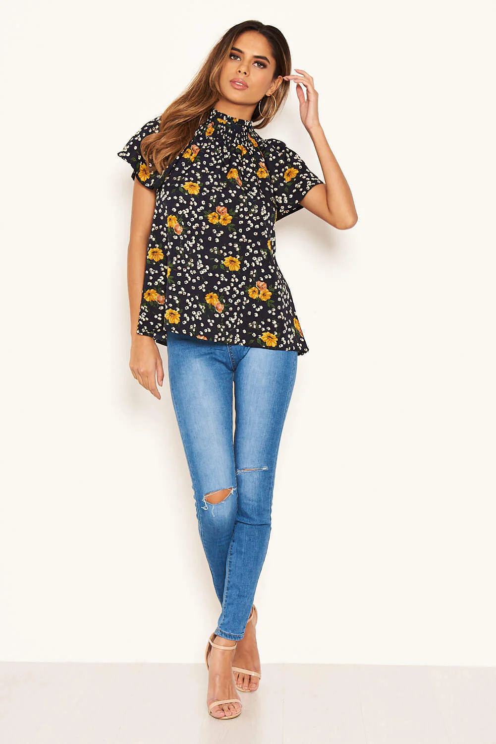 Navy Mixed Floral High Neck Top - Image 3