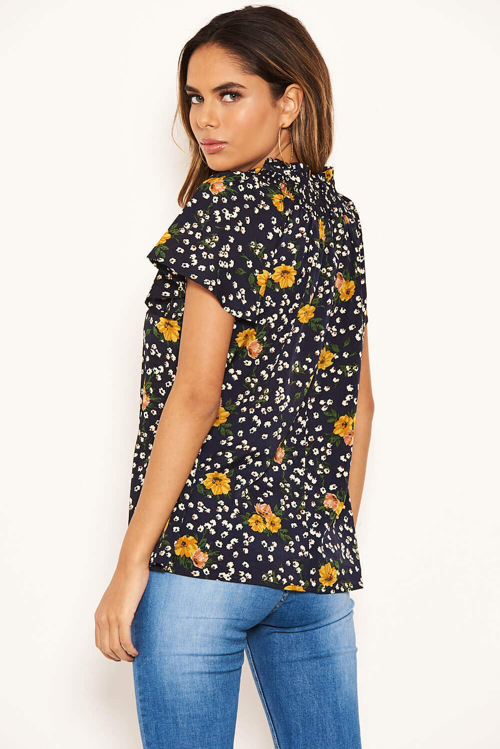 Navy Mixed Floral High Neck Top - Image 4