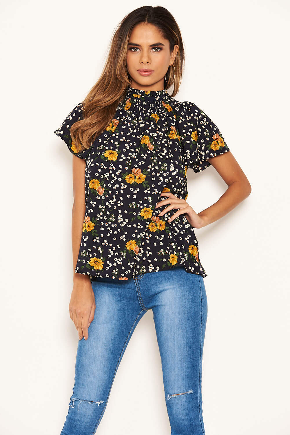 Navy Mixed Floral High Neck Top - Image 5