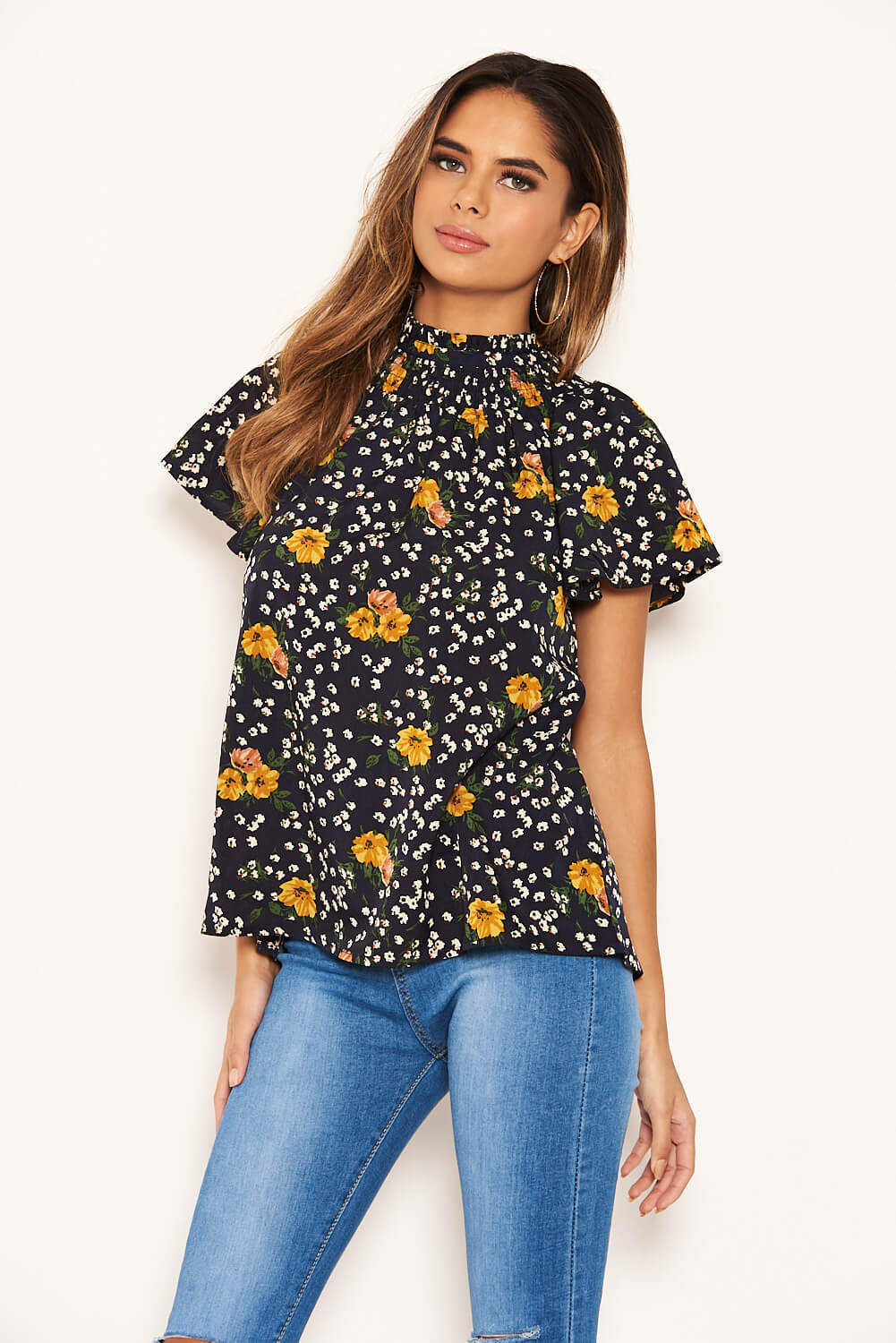 Navy Mixed Floral High Neck Top - Image 6