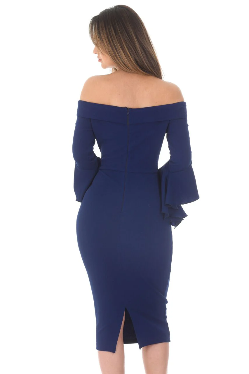 Navy Notch Front Frill Sleeve Midi Dress - Image 3