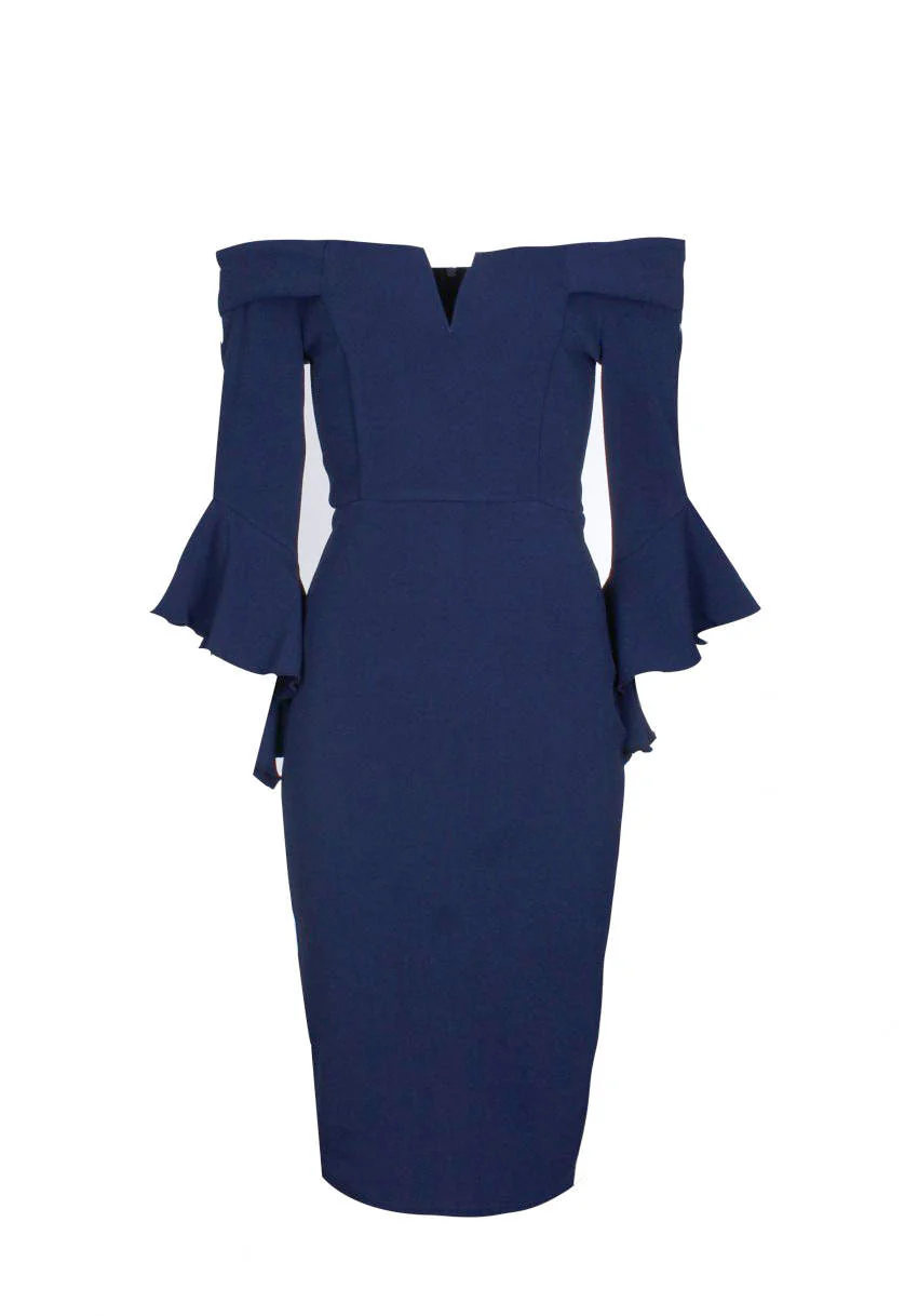 Navy Notch Front Frill Sleeve Midi Dress - Image 4