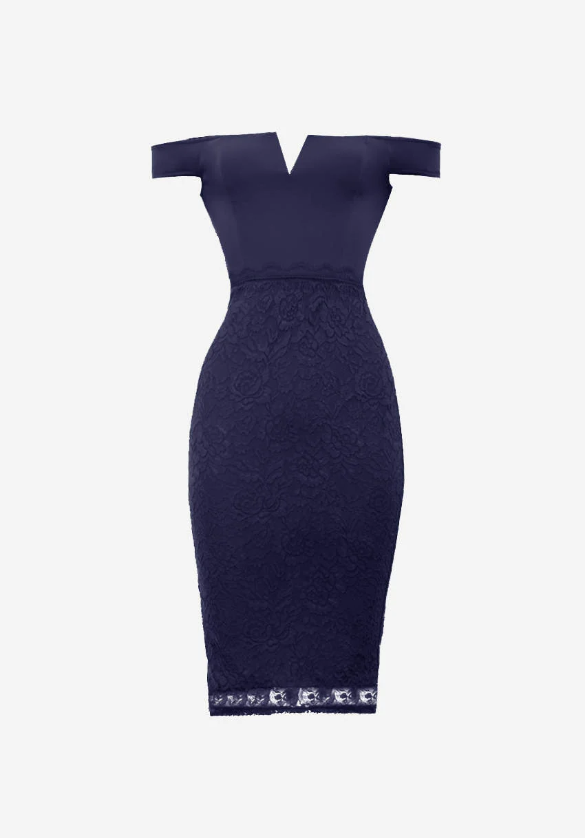 Navy Notch Front Lace Detail Midi Dress - Image 4