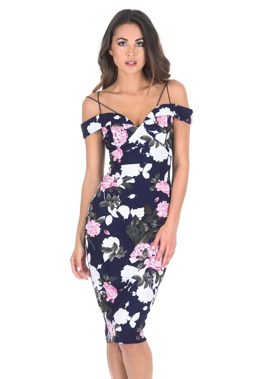 Navy Off Shoulder Floral Bodycon Midi Dress - Image 2