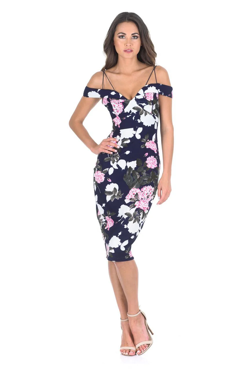 Navy Off Shoulder Floral Bodycon Midi Dress - Image 3